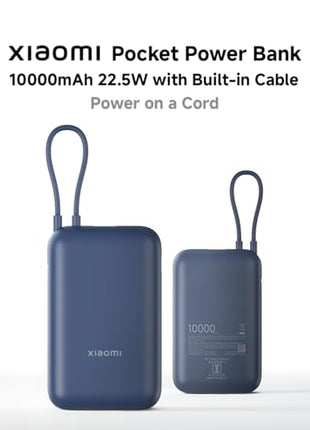 Xiaomi Pocket Power Bank 10000mAh 22.5W Fast Charging|Inbuilt Cable|Slim & Compact|Power Delivery|QC 3.0|Type-C Input & Output|3 Output Ports|Blue|Supports Android,Apple,Tablets,Earbuds,Watches 