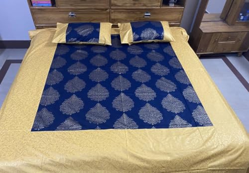 YAMINI Gold Toned Patola Print Jaipuri Double Bedsheet with Pillow Cover 100% Cotton, Size 8.5ft x 8ft 