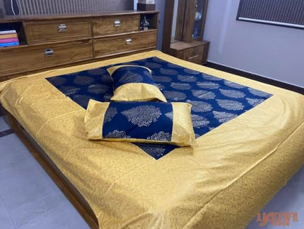 YAMINI Gold Toned Patola Print Jaipuri Double Bedsheet with Pillow Cover 100% Cotton, Size 8.5ft x 8ft 