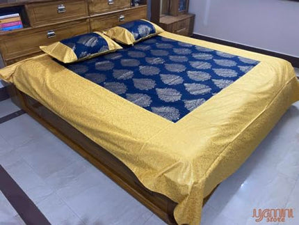 YAMINI Gold Toned Patola Print Jaipuri Double Bedsheet with Pillow Cover 100% Cotton, Size 8.5ft x 8ft 