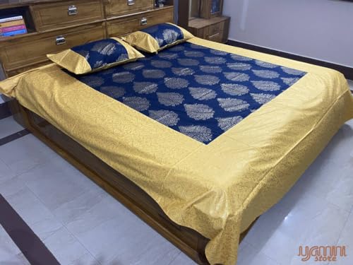 YAMINI Gold Toned Patola Print Jaipuri Double Bedsheet with Pillow Cover 100% Cotton, Size 8.5ft x 8ft 