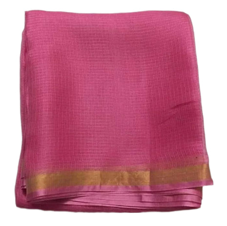 ZAFREEN HANDLOOM | Women's Bhagalpuri Pure Kota Doria Silk Saree With Small Zari Boder And Running BP Free Size (Pink) 