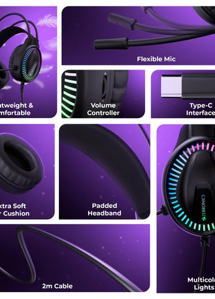 ZEBRONICS Blitz C Dolby Atmos Gaming Over Ear Wired Headphone, 50Mm Neodymium Drivers, Padded Headband, Lightweight & Comfortable, RGB Lights, Flexible Mic, Type-C Connector, Black 