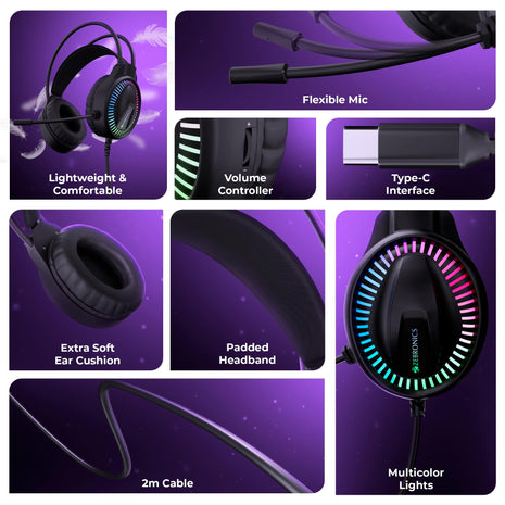 ZEBRONICS Blitz C Dolby Atmos Gaming Over Ear Wired Headphone, 50Mm Neodymium Drivers, Padded Headband, Lightweight & Comfortable, RGB Lights, Flexible Mic, Type-C Connector, Black 