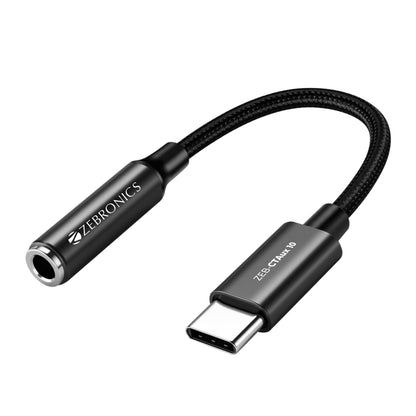 ZEBRONICS CTAux10 Type C to 3.5mm Converter, Built-in DAC Chip, Supports Mic & Audio, Metal Body, Braided Cable, for iPhone 16 series, 15 series, Samsung, Android & Type C Smartphones, Tablets, Laptop 