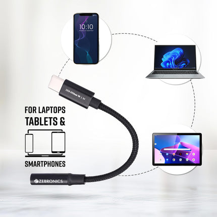 ZEBRONICS CTAux10 Type C to 3.5mm Converter, Built-in DAC Chip, Supports Mic & Audio, Metal Body, Braided Cable, for iPhone 16 series, 15 series, Samsung, Android & Type C Smartphones, Tablets, Laptop 