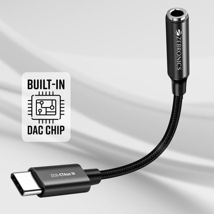 ZEBRONICS CTAux10 Type C to 3.5mm Converter, Built-in DAC Chip, Supports Mic & Audio, Metal Body, Braided Cable, for iPhone 16 series, 15 series, Samsung, Android & Type C Smartphones, Tablets, Laptop 