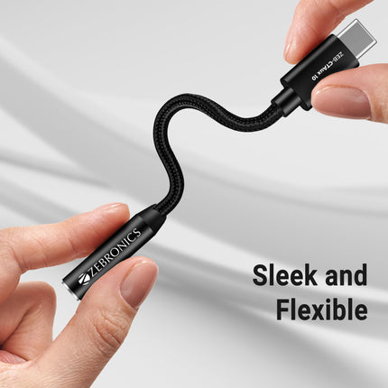 ZEBRONICS CTAux10 Type C to 3.5mm Converter, Built-in DAC Chip, Supports Mic & Audio, Metal Body, Braided Cable, for iPhone 16 series, 15 series, Samsung, Android & Type C Smartphones, Tablets, Laptop 