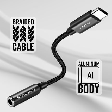 ZEBRONICS CTAux10 Type C to 3.5mm Converter, Built-in DAC Chip, Supports Mic & Audio, Metal Body, Braided Cable, for iPhone 16 series, 15 series, Samsung, Android & Type C Smartphones, Tablets, Laptop 