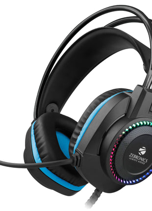 ZEBRONICS Jet Premium Wired Gaming On Ear Headphone with LED Light for earcups, 40mm Neodymium Drivers, 2 Meter Braided Cable, Flexible mic, Suspension Headband, 3.5mm + USB Connector (Black + Blue) 