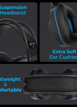 ZEBRONICS Jet Premium Wired Gaming On Ear Headphone with LED Light for earcups, 40mm Neodymium Drivers, 2 Meter Braided Cable, Flexible mic, Suspension Headband, 3.5mm + USB Connector (Black + Blue) 
