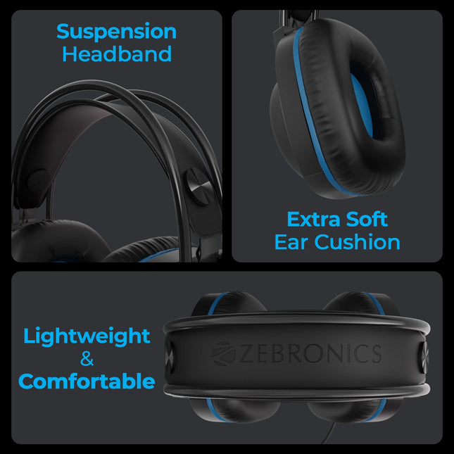 ZEBRONICS Jet Premium Wired Gaming On Ear Headphone with LED Light for earcups, 40mm Neodymium Drivers, 2 Meter Braided Cable, Flexible mic, Suspension Headband, 3.5mm + USB Connector (Black + Blue) 