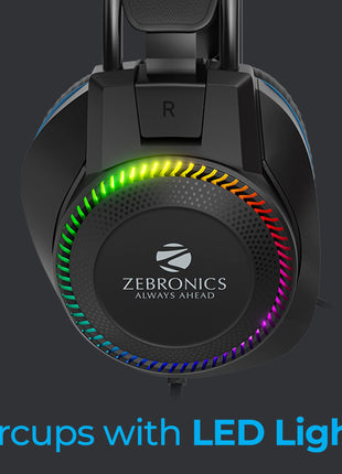 ZEBRONICS Jet Premium Wired Gaming On Ear Headphone with LED Light for earcups, 40mm Neodymium Drivers, 2 Meter Braided Cable, Flexible mic, Suspension Headband, 3.5mm + USB Connector (Black + Blue) 
