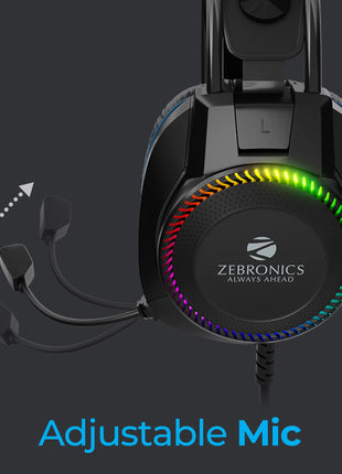 ZEBRONICS Jet Premium Wired Gaming On Ear Headphone with LED Light for earcups, 40mm Neodymium Drivers, 2 Meter Braided Cable, Flexible mic, Suspension Headband, 3.5mm + USB Connector (Black + Blue) 