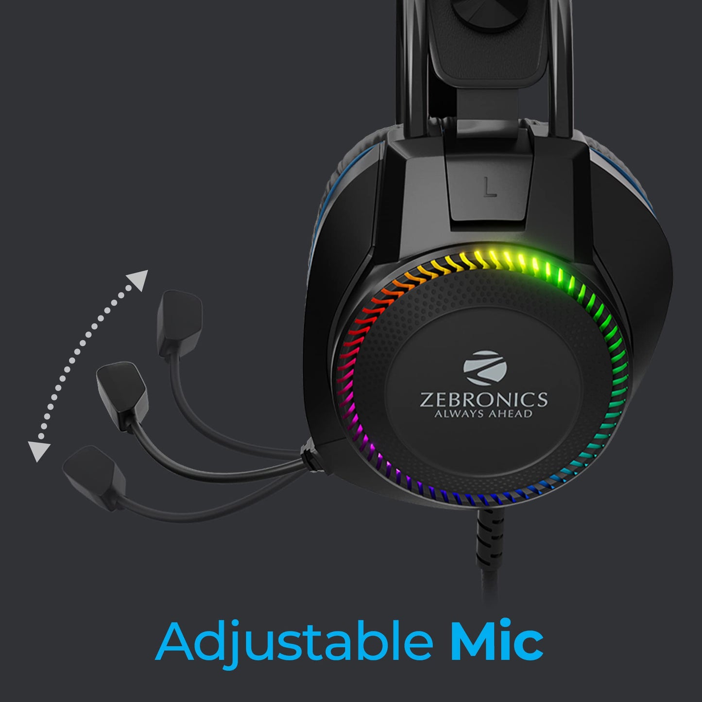 ZEBRONICS Jet Premium Wired Gaming On Ear Headphone with LED Light for earcups, 40mm Neodymium Drivers, 2 Meter Braided Cable, Flexible mic, Suspension Headband, 3.5mm + USB Connector (Black + Blue) 