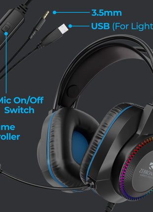 ZEBRONICS Jet Premium Wired Gaming On Ear Headphone with LED Light for earcups, 40mm Neodymium Drivers, 2 Meter Braided Cable, Flexible mic, Suspension Headband, 3.5mm + USB Connector (Black + Blue) 