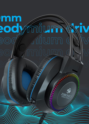 ZEBRONICS Jet Premium Wired Gaming On Ear Headphone with LED Light for earcups, 40mm Neodymium Drivers, 2 Meter Braided Cable, Flexible mic, Suspension Headband, 3.5mm + USB Connector (Black + Blue) 