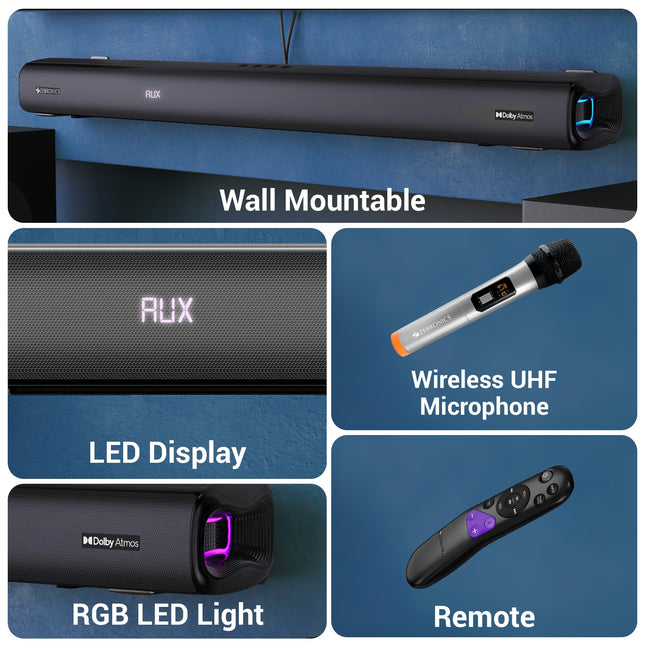 ZEBRONICS New Launch Juke BAR 9850 7.2.2 CH Soundbar, 725 Watts, Dolby Atmos, HDMI eARC, Optical, Dual Wireless (Subwoofer + Satellites), Wireless UHF Microphone, RGB LED, Powerful Bass 