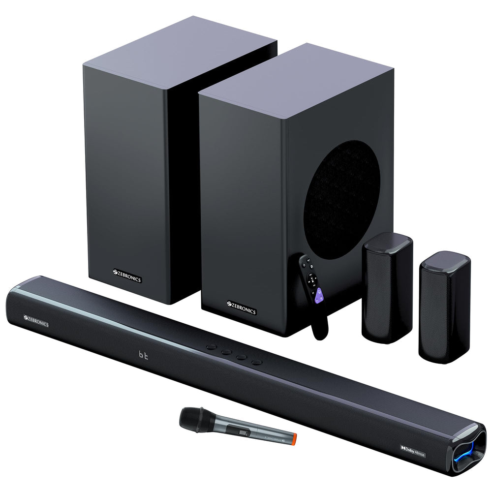 ZEBRONICS New Launch Juke BAR 9850 7.2.2 CH Soundbar, 725 Watts, Dolby Atmos, HDMI eARC, Optical, Dual Wireless (Subwoofer + Satellites), Wireless UHF Microphone, RGB LED, Powerful Bass price under 20000