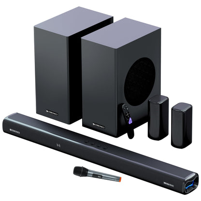 ZEBRONICS New Launch Juke BAR 9850 7.2.2 CH Soundbar, 725 Watts, Dolby Atmos, HDMI eARC, Optical, Dual Wireless (Subwoofer + Satellites), Wireless UHF Microphone, RGB LED, Powerful Bass 