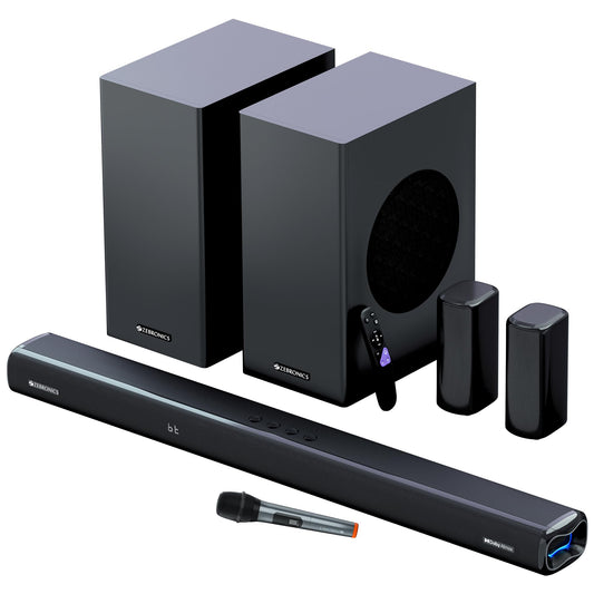 ZEBRONICS New Launch Juke BAR 9850 7.2.2 CH Soundbar, 725 Watts, Dolby Atmos, HDMI eARC, Optical, Dual Wireless (Subwoofer + Satellites), Wireless UHF Microphone, RGB LED, Powerful Bass 