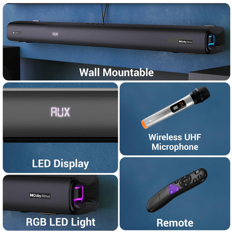 ZEBRONICS New Launch Juke BAR 9850 7.2.2 CH Soundbar, 725 Watts, Dolby Atmos, HDMI eARC, Optical, Dual Wireless (Subwoofer + Satellites), Wireless UHF Microphone, RGB LED, Powerful Bass 