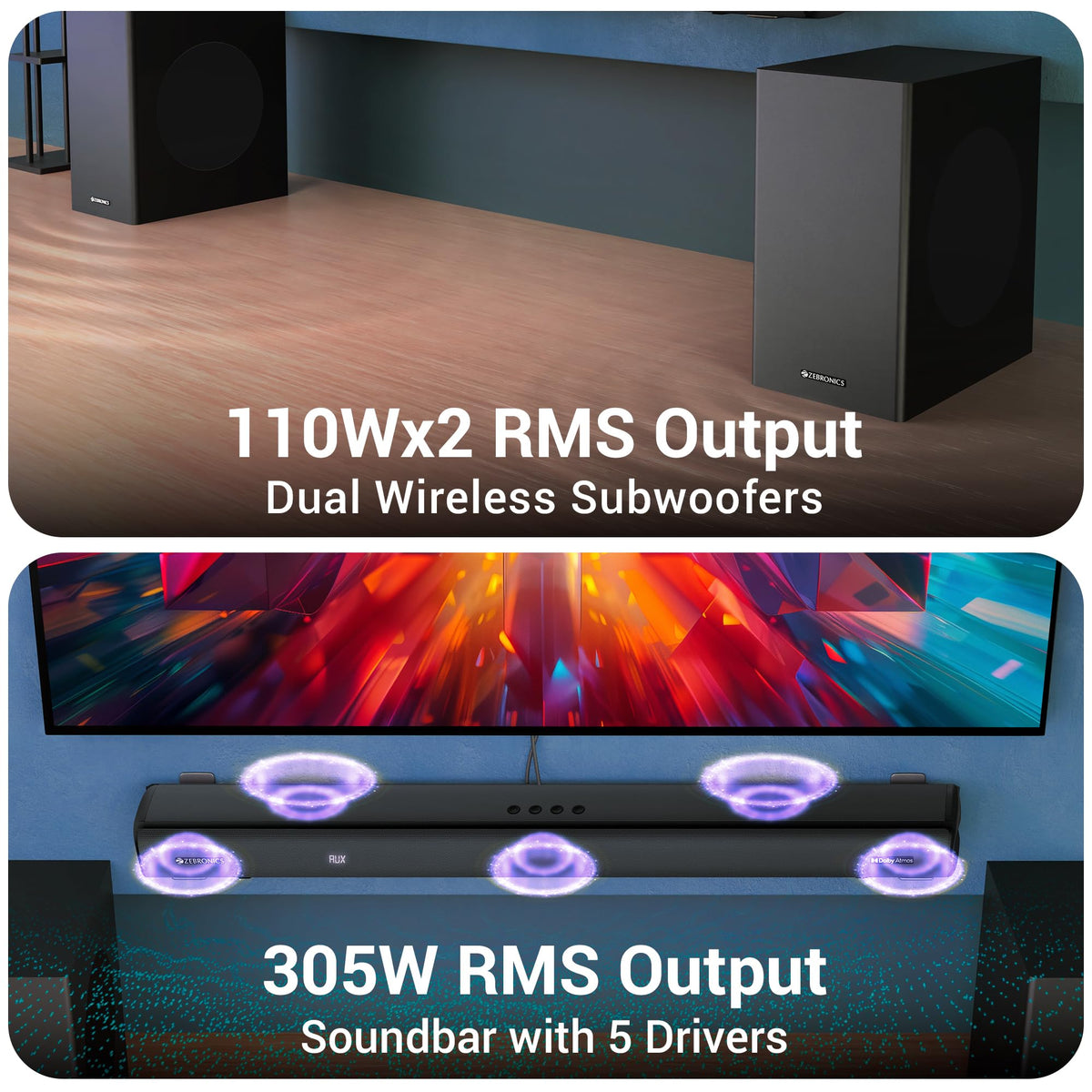 ZEBRONICS New Launch Juke BAR 9850 7.2.2 CH Soundbar, 725 Watts, Dolby Atmos, HDMI eARC, Optical, Dual Wireless (Subwoofer + Satellites), Wireless UHF Microphone, RGB LED, Powerful Bass 