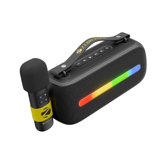 ZEBRONICS Sound Feast 80, Portable Bluetooth Speaker, 20 Watts, Upto 7h Backup, Bluetooth | USB, Karaoke, RGB LED Strip, Included Wireless Microphone, Detachable Carry Strap 