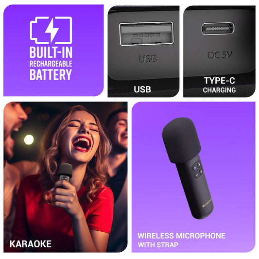 ZEBRONICS Sound Feast 80, Portable Bluetooth Speaker, 20 Watts, Upto 7h Backup, Bluetooth | USB, Karaoke, RGB LED Strip, Included Wireless Microphone, Detachable Carry Strap 