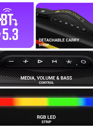 ZEBRONICS Sound Feast 80, Portable Bluetooth Speaker, 20 Watts, Upto 7h Backup, Bluetooth | USB, Karaoke, RGB LED Strip, Included Wireless Microphone, Detachable Carry Strap 
