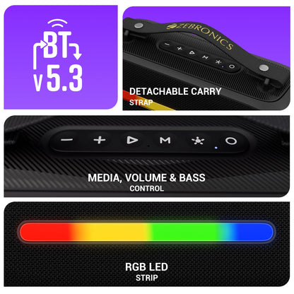 ZEBRONICS Sound Feast 80, Portable Bluetooth Speaker, 20 Watts, Upto 7h Backup, Bluetooth | USB, Karaoke, RGB LED Strip, Included Wireless Microphone, Detachable Carry Strap 