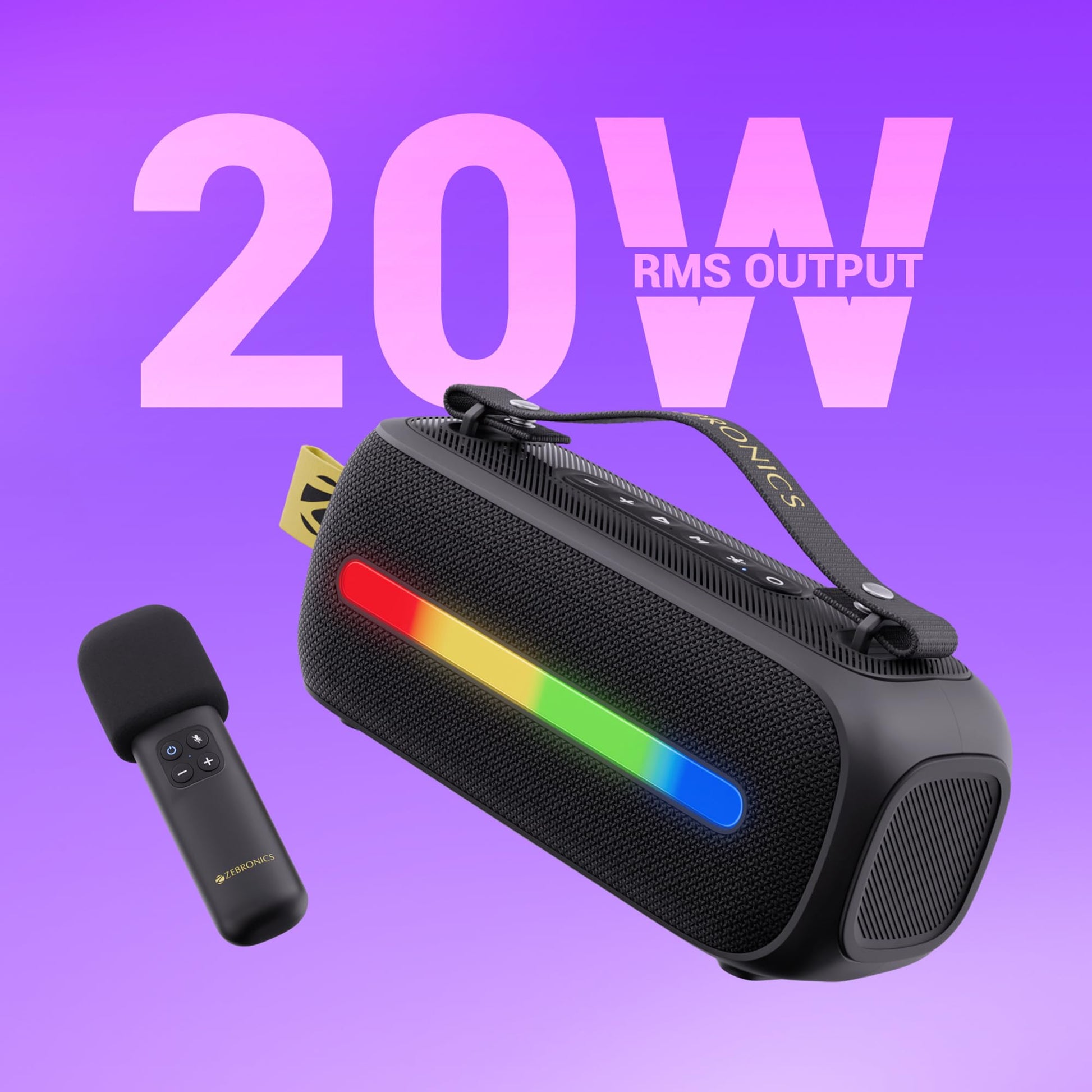 ZEBRONICS Sound Feast 80, Portable Bluetooth Speaker, 20 Watts, Upto 7h Backup, Bluetooth | USB, Karaoke, RGB LED Strip, Included Wireless Microphone, Detachable Carry Strap 