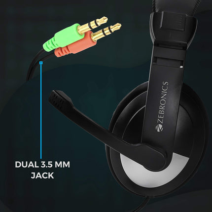 ZEBRONICS Zeb-200HM Wired On Ear Headphone with Mic, Dual 3.5mm Connectors, Adjustable Headband for PC Computers/Laptop (Black) 