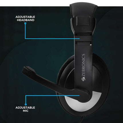 ZEBRONICS Zeb-200HM Wired On Ear Headphone with Mic, Dual 3.5mm Connectors, Adjustable Headband for PC Computers/Laptop (Black) 