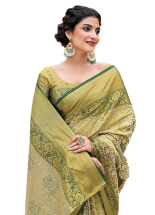 ZECVA Women's Pure Kanchipuram Kanjivaram Silk Saree For Women With Zari Weaving All Over Saree Attach With Unstitch Blouse Piece (GREEN) 