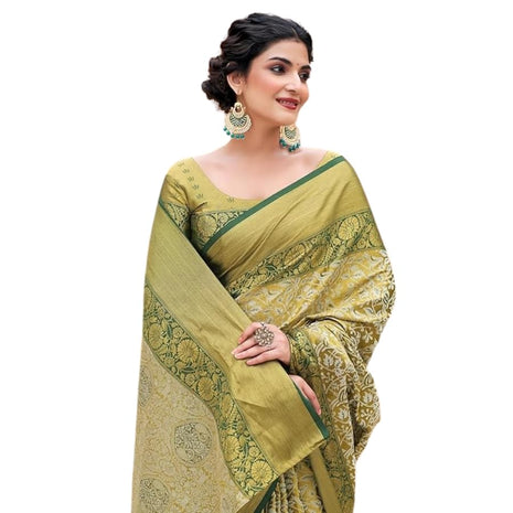 ZECVA Women's Pure Kanchipuram Kanjivaram Silk Saree For Women With Zari Weaving All Over Saree Attach With Unstitch Blouse Piece (GREEN) 