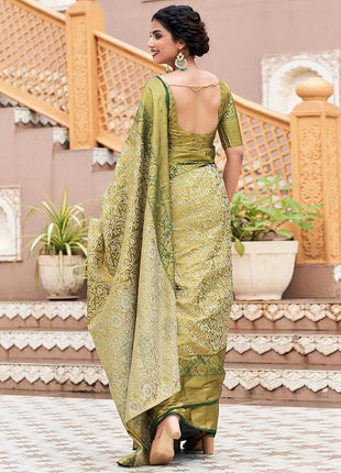 ZECVA Women's Pure Kanchipuram Kanjivaram Silk Saree For Women With Zari Weaving All Over Saree Attach With Unstitch Blouse Piece (GREEN) 