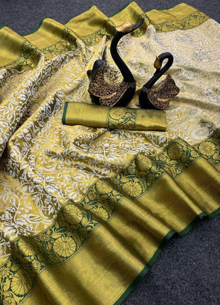 ZECVA Women's Pure Kanchipuram Kanjivaram Silk Saree For Women With Zari Weaving All Over Saree Attach With Unstitch Blouse Piece (GREEN) 