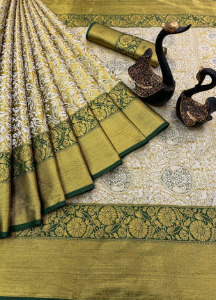 ZECVA Women's Pure Kanchipuram Kanjivaram Silk Saree For Women With Zari Weaving All Over Saree Attach With Unstitch Blouse Piece (GREEN) 