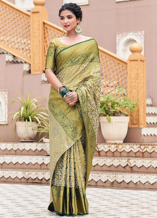 ZECVA Women's Pure Kanchipuram Kanjivaram Silk Saree For Women With Zari Weaving All Over Saree Attach With Unstitch Blouse Piece (GREEN) 