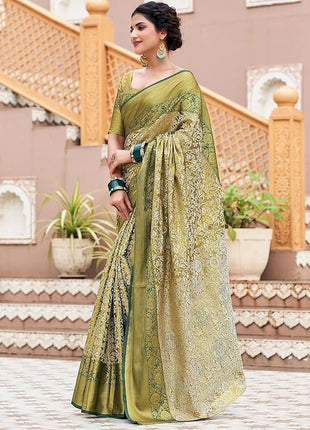 ZECVA Women's Pure Kanchipuram Kanjivaram Silk Saree For Women With Zari Weaving All Over Saree Attach With Unstitch Blouse Piece (GREEN) 
