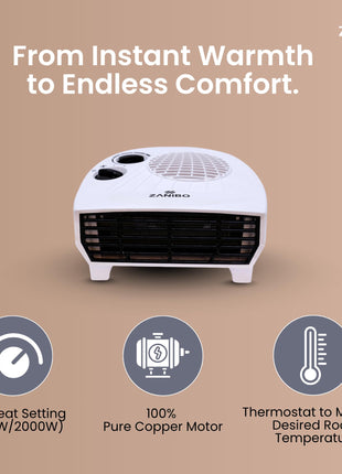Zanibo | Since 1997 | 2000 Watt Portable Electric Room Fan Heater with 2 Heating Settings (1000/2000W) | Adjustable Thermostat, Overheat Protection | Fast Heating for Office (ZEH-1120) 