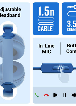 Zebronics Boom Wired Headphone, Over Ear, in-Line MIC, Foldable, 1.5 Meter Cable, for 3.5mm (Mobile | Tablet | Laptop | MAC), Soft Cushion, 40mm Drivers (Blue) 