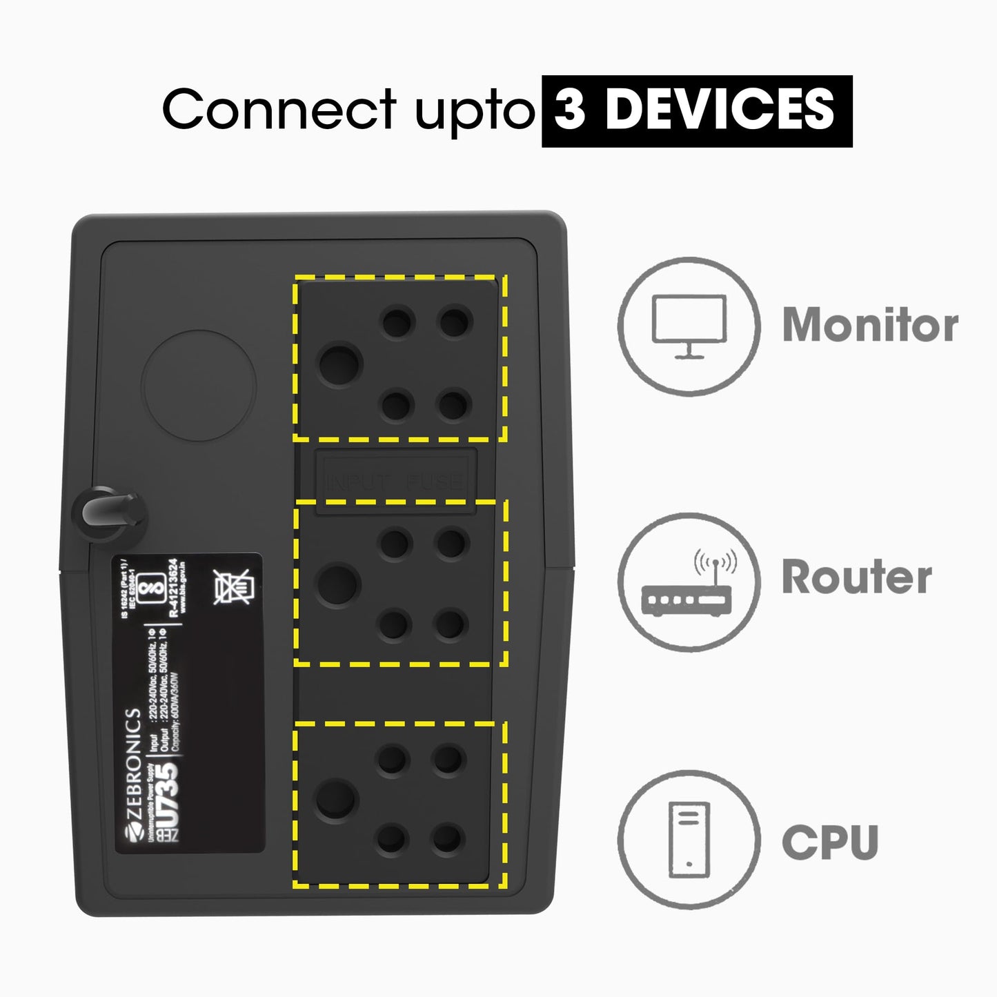ZEBRONICS U735 600VA/360W Microcontroller Based UPS for Office Computers | Home PC with Auto Restart, Generator Compatible, Boost & Buck AVR, Built-in Protection, (Not for Routers) 