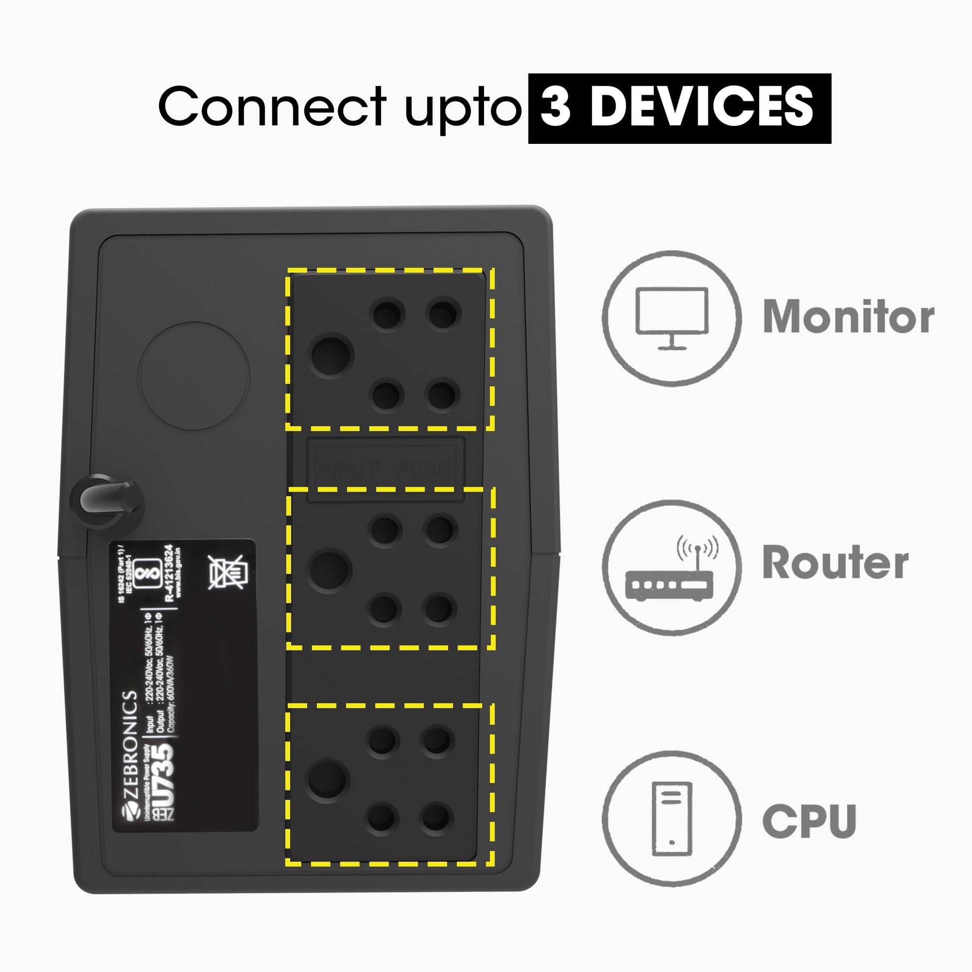 ZEBRONICS U735 600VA/360W Microcontroller Based UPS for Office Computers | Home PC with Auto Restart, Generator Compatible, Boost & Buck AVR, Built-in Protection, (Not for Routers) 