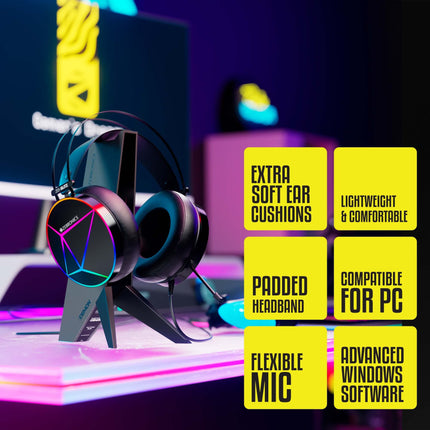 Zebronics Zeb-Blitz USB Over Ear Gaming Headphone with Dolby Atmos,RGB LED,Windows Software,Simulated 7.1 Surround Sound,2.4 Meter Braided Cable,Flexible Mic,Padded Headband & Ear Cushions(Black) 