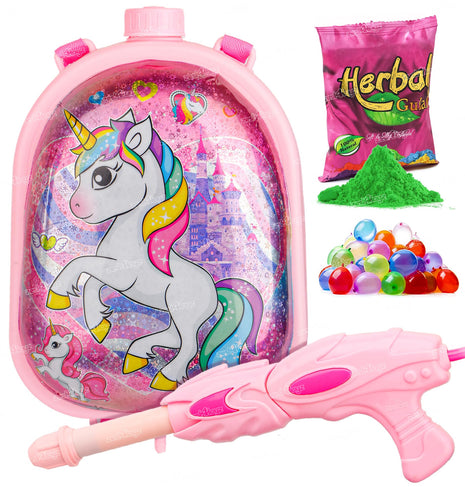 Zest 4 Toyz Holi Pichkari Water Gun for Kids Unicorn Backpack Tank Holi Water Gun with 1 Pkt Holi Color and 100 Balloons for Holi Celebration Water Spray Gun - Boys and Girls (Dazzle Tank) Assorted 
