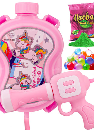 Zest 4 Toyz Holi Water Pichkari for Kids Unicorn Back Holding Tank Water Gun with 100 Water Balloons and Herbal Gulal for Holi Celebration 