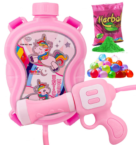 Zest 4 Toyz Holi Water Pichkari for Kids Unicorn Back Holding Tank Water Gun with 100 Water Balloons and Herbal Gulal for Holi Celebration 