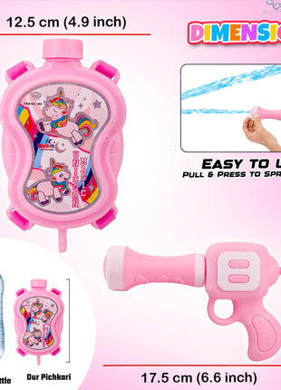Zest 4 Toyz Holi Water Pichkari for Kids Unicorn Back Holding Tank Water Gun with 100 Water Balloons and Herbal Gulal for Holi Celebration 